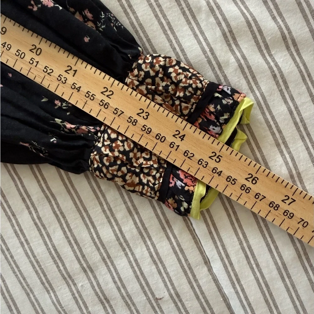 Free People Black Floral Button-Front Blouse with Neon Trim